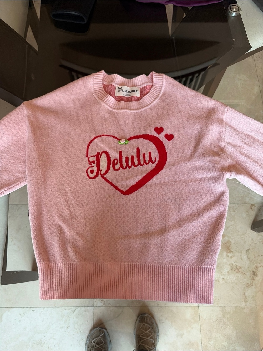 No Boundaries Pink Crewneck Sweater with Red Heart 'Delulu'